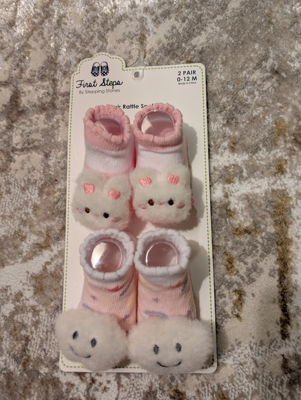 First Steps Baby Rattle Socks Set - Pink and White